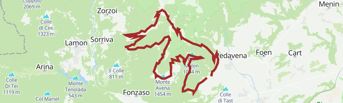 Route map: Monte Avena, Faller and Croce d'Aune starting from Facen